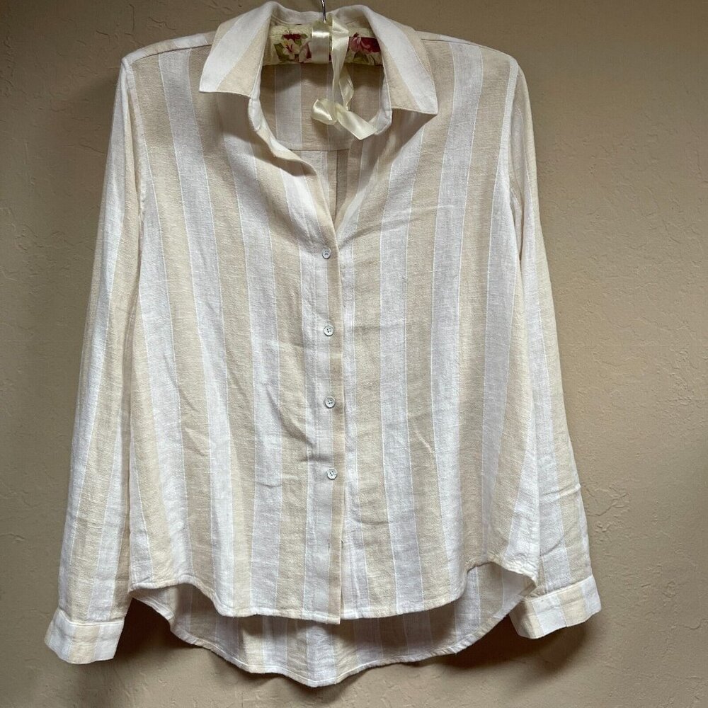 Cloth & Stone Women Tan/White Striped Linen Blend Long Sleeve Shirt Small Casual